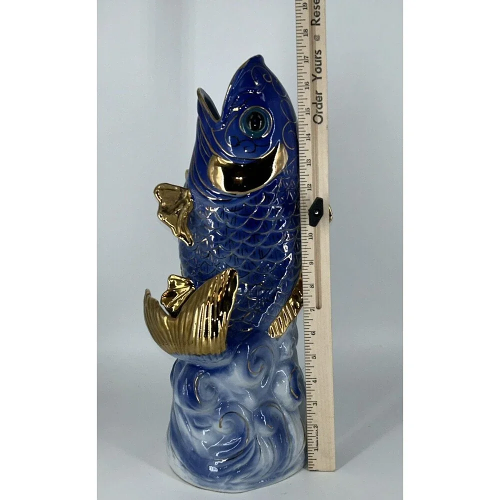 Vintage Large 17.5” Chinese Blue And Gold Porcelain Gurgling Koi Fish Vase